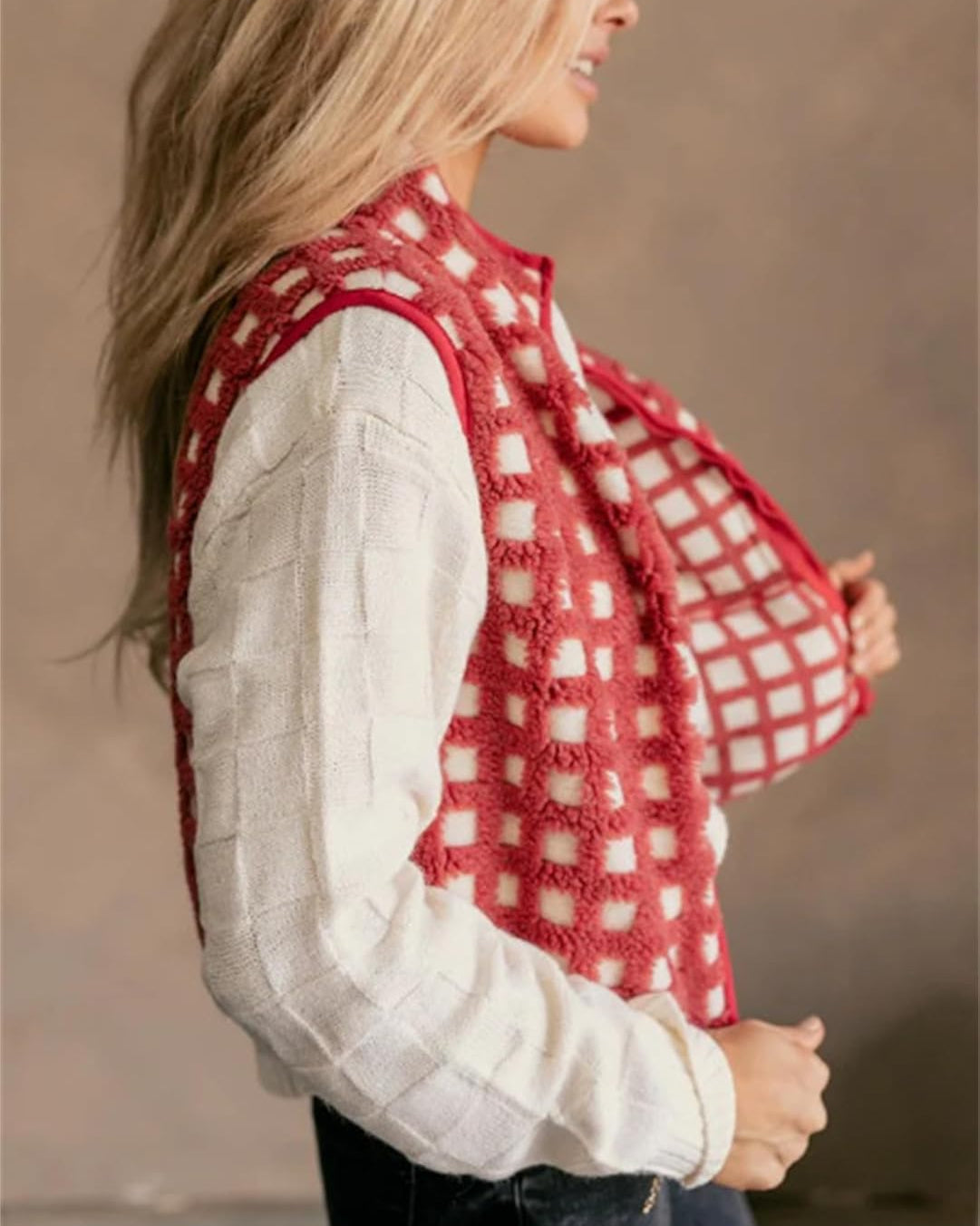 Sasha - Gilet Sherpa à Carreaux Chic & Douillet